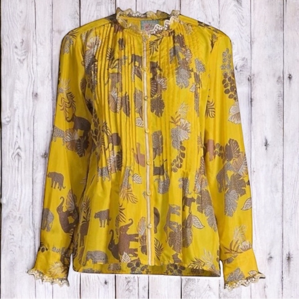 Johnny Was Taly Evette‎ Safari Leopard Elephant Lightweight Silk Blouse Size XS